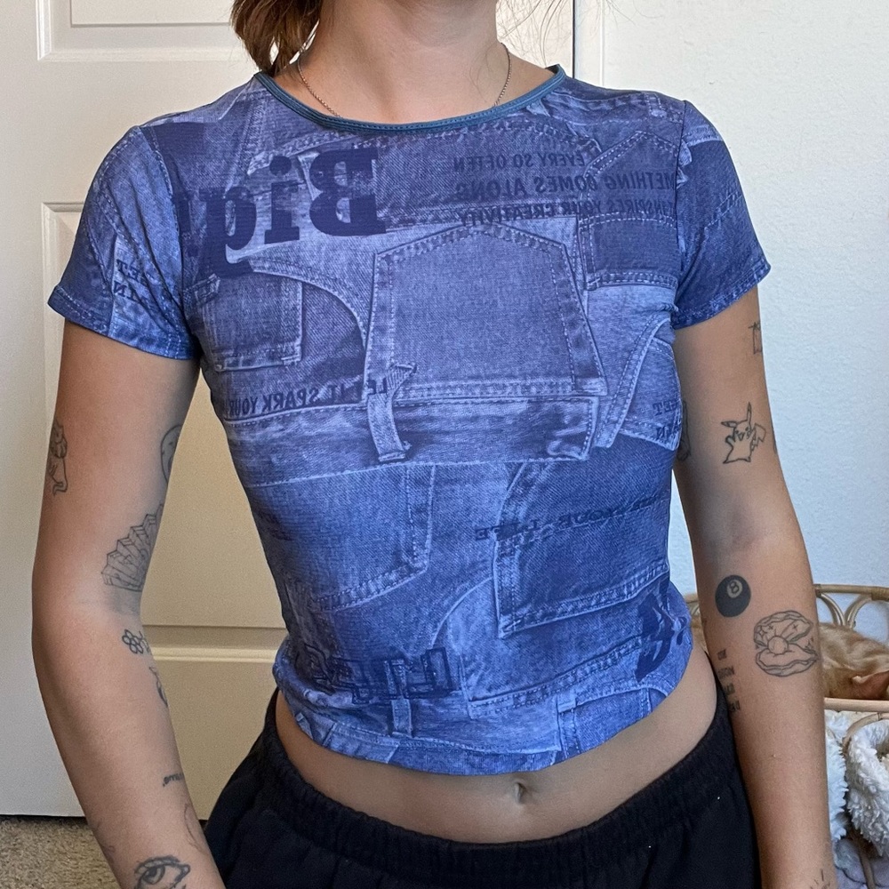 SOLD Vintage Mesh Denim Pattern Top - Picture 1 of 6